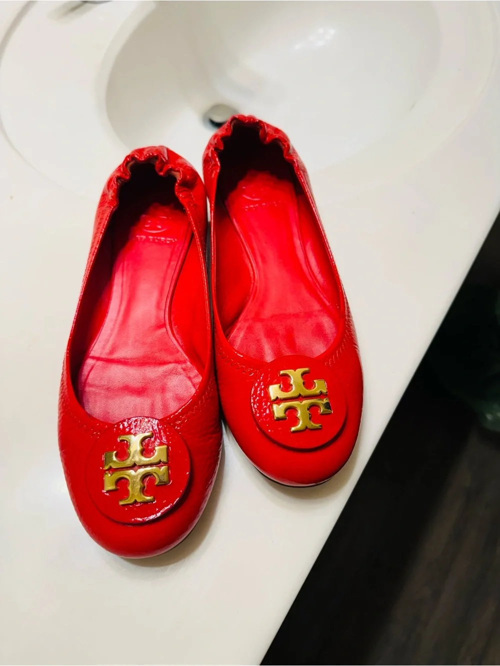 Tory Burch Red Patent Logo Ballet Flat with Gold Emblem